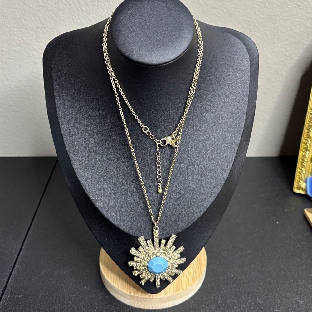Gold and Blue Sunburst Pendant Long Necklace